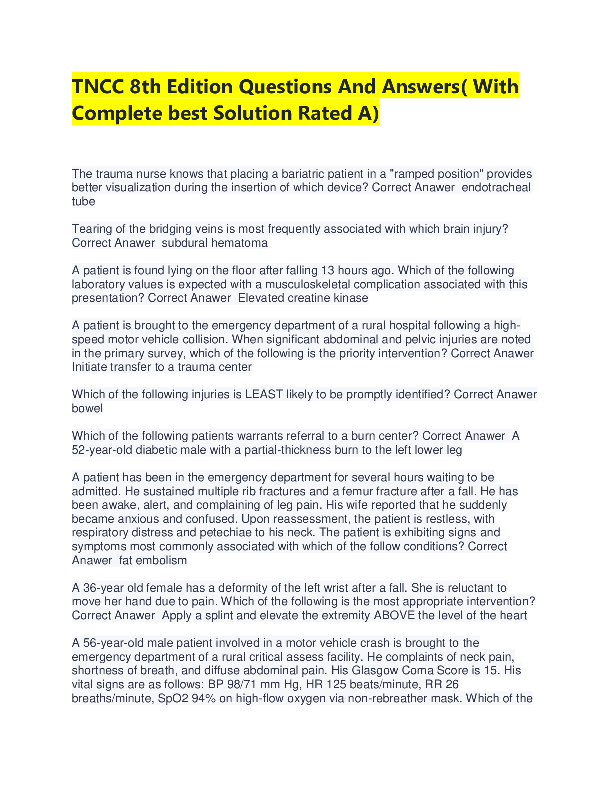 Preview image for TNCC 8th Edition Questions And Answers( With Complete best Solution Rated A)